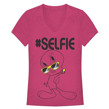 Looney Tunes Selfie Pink Juniors V Neck T-Shirt