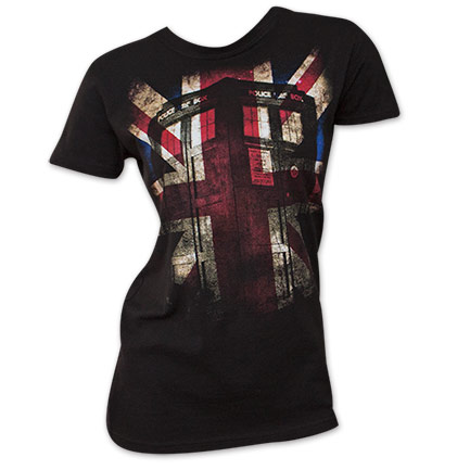 Women's Black Doctor Who UK British Flag Tardis Tee Shirt