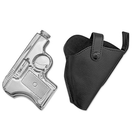Pistol Gun Stainless Steel 6 Ounce Flask With Holser Case