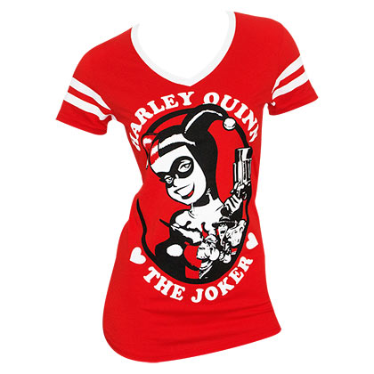 Harley Quinn Red Varsity V-Neck Women's Tee Shirt