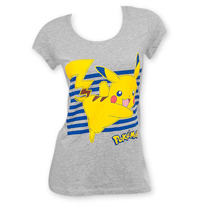 Pokemon Grey Women's Pikachu Stripes Tee Shirt