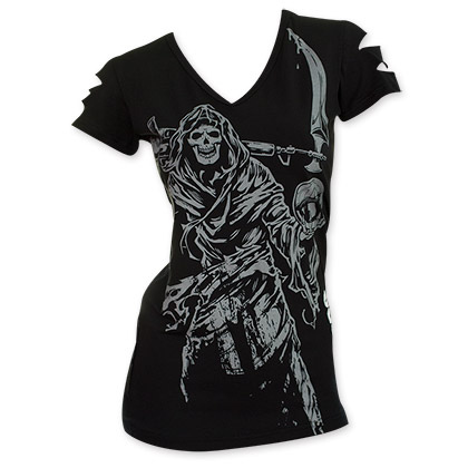 Sons Of Anarchy Women's Slashed Sleeve Black Reaper Tee Shirt