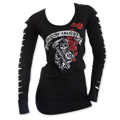 Sons Of Anarchy Slashed Long Sleeve Black Women's Roses Shirt