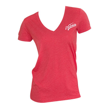 Victoria Cerveza Women's Red V Neck Tee Shirt