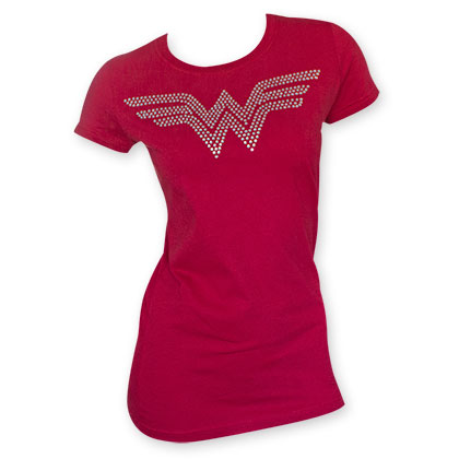 Wonder Woman Women's Rhinestone Logo Red Tee Shirt