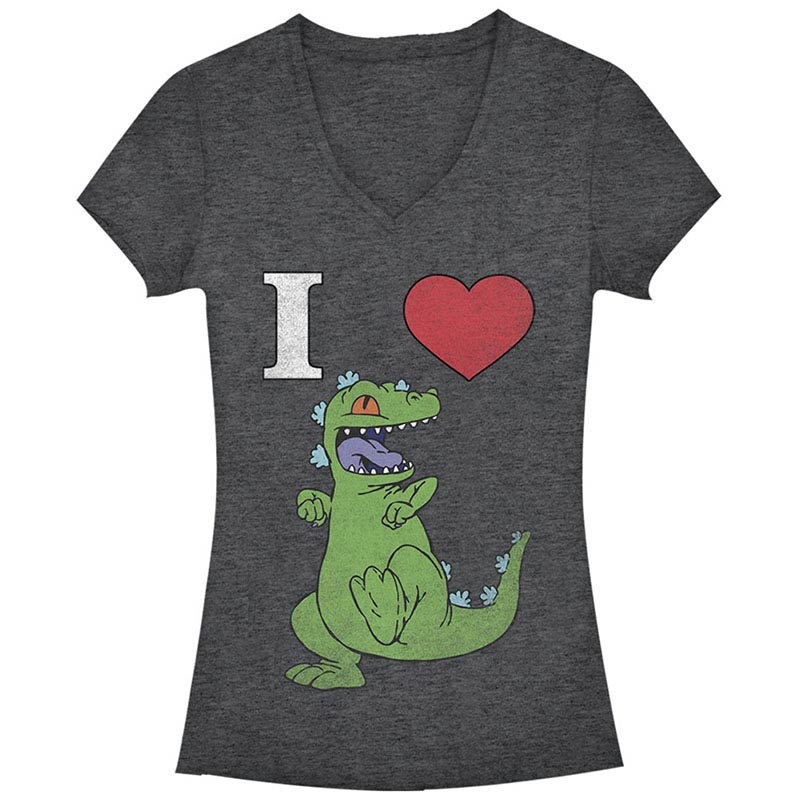 Rugrats Nickelodeon Heart Reptar Gray Juniors V Neck T-Shirt Rugrats Nickelodeon Heart Reptar Gray Juniors V Neck T-Shirt