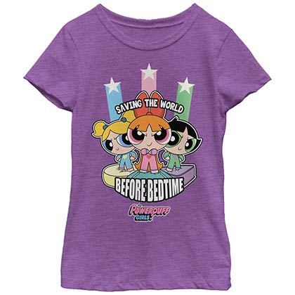 Power Puff Girls Saving the World Before Bedtime Purple Youth Girls T-Shirt