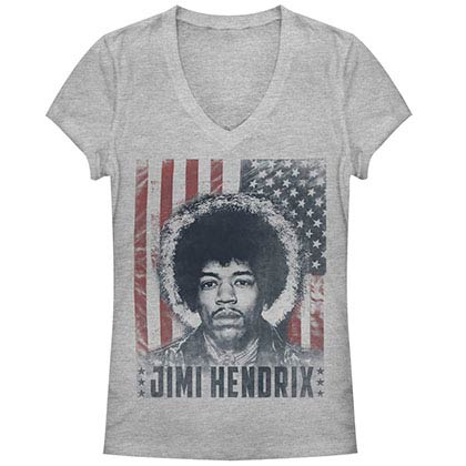 Jimi Hendrix Flagged Music Gray Juniors V Neck T-Shirt