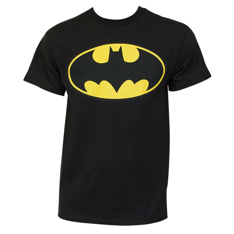 Batman Classic Yellow Bat Logo Black Graphic Tee Shirt | SuperheroDen.com