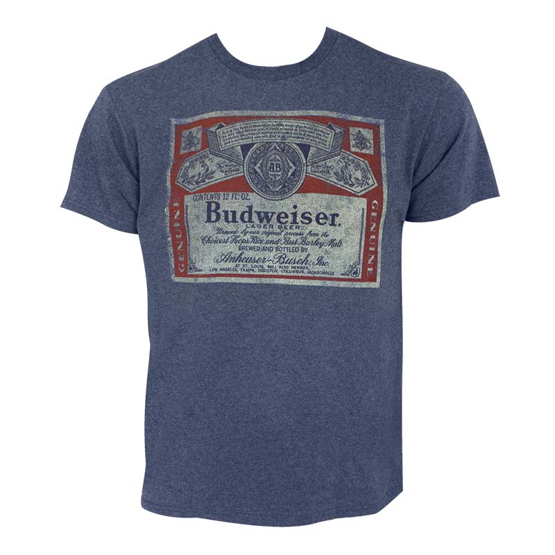 Budweiser Men's Heather Blue Distressed Bottle Label T-Shirt