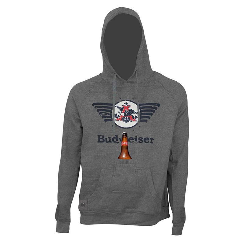 Budweiser Men's Grey Retro Eagle Logo Bottle Opener Beer Pouch Hoodie Budweiser Men's Grey Retro Eagle Logo Bottle Opener Beer Pouch Hoodie