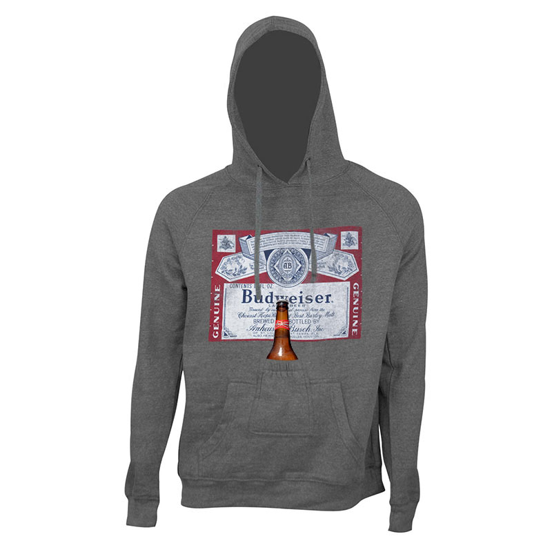 Budweiser Men's Grey Bottle Label Beer Pouch Hoodie Budweiser Men's Grey Bottle Label Beer Pouch Hoodie