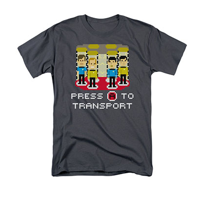 Star Trek TOS Press A To Transport Pixel 8-Bit Gray T-Shirt