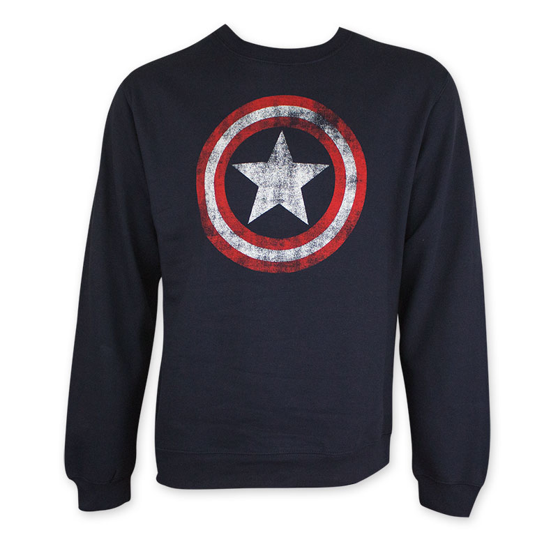Captain America Men's Navy Blue Distressed Shield Crew Neck Sweatshirt Captain America Men's Navy Blue Distressed Shield Crew Neck Sweatshirt