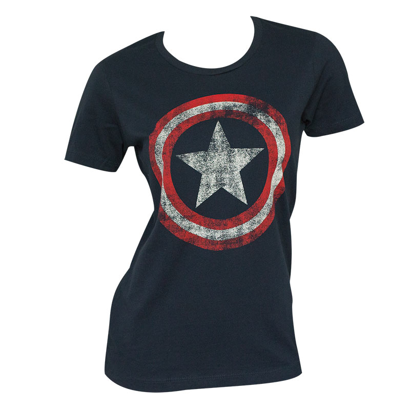 Captain America Distressed Shield Navy Juniors Graphic TShirt Captain America Distressed Shield Navy Juniors Graphic TShirt