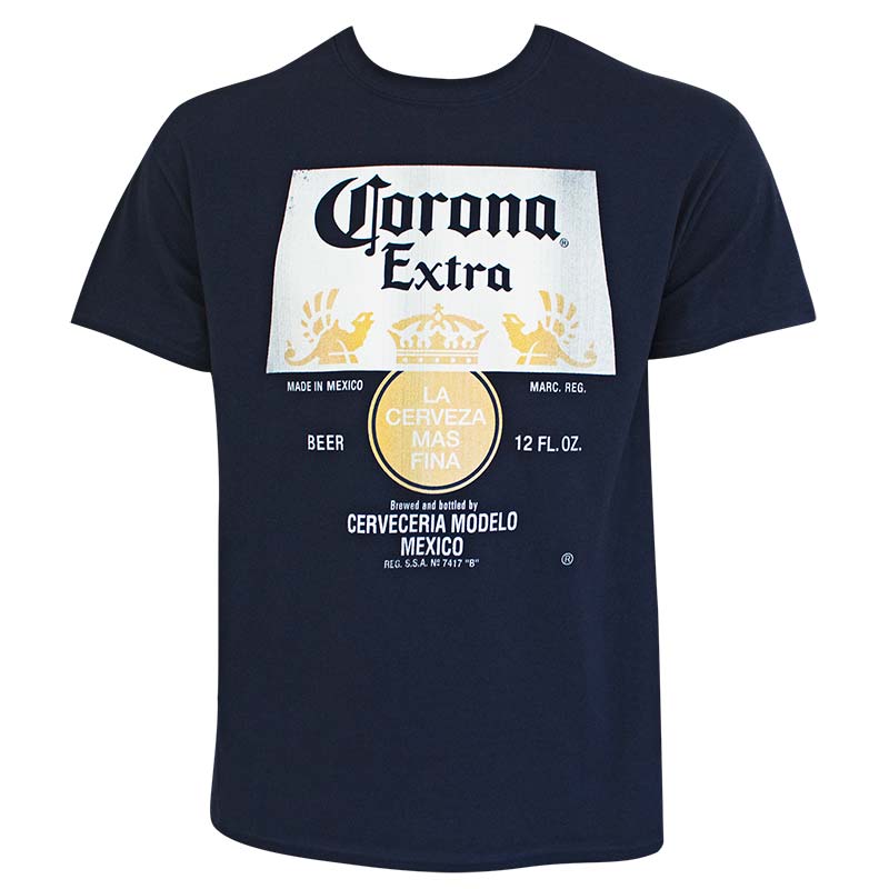 Corona Extra Men's Navy Blue Distressed Bottle Label Logo T-Shirt