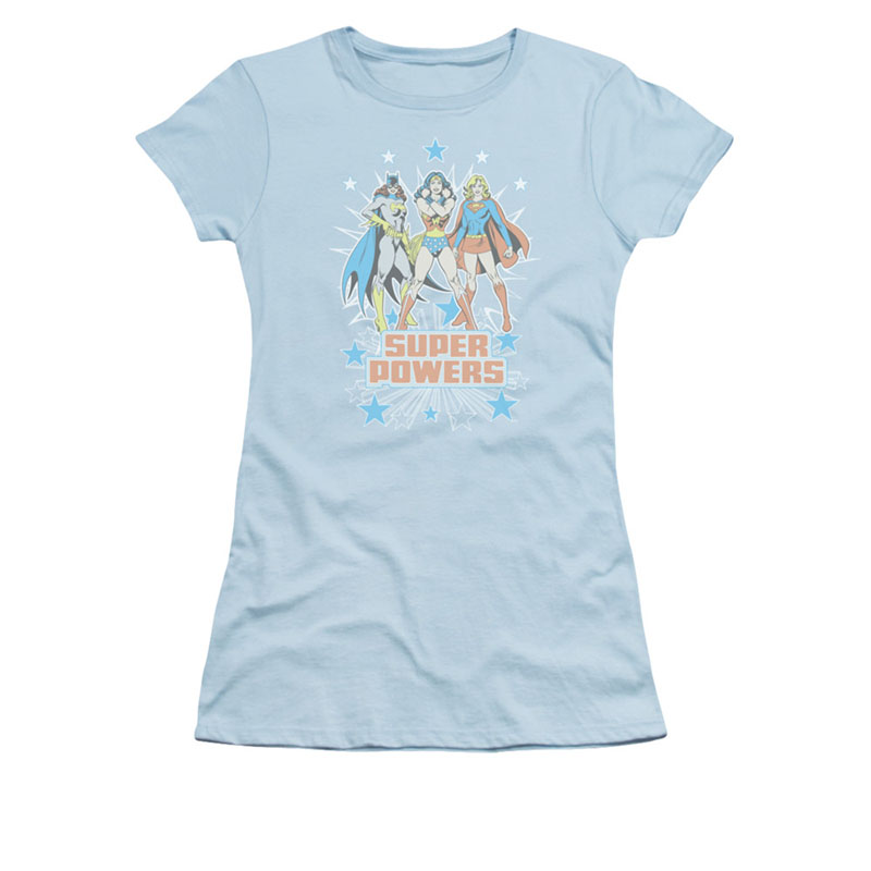 Wonder Woman Batgirl Supergirl Powers Blue Juniors T-Shirt Wonder Woman Batgirl Supergirl Powers Blue Juniors T-Shirt