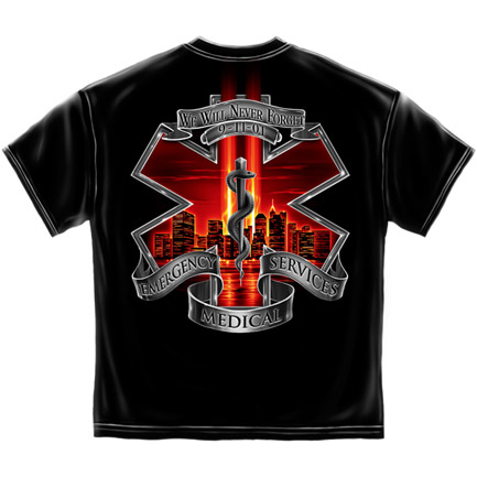 EMS Never Forget 9/11 Patriotic Black Graphic T-Shirt