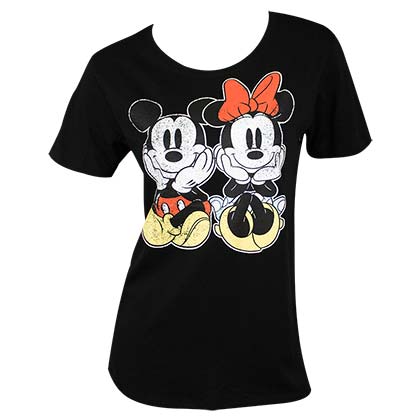 Mickey And Minnie Mouse Distressed Ladies Black Tee Shirt