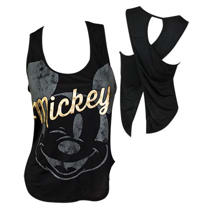 Mickey Mouse Gold Foil Open Wrap Back Women's Black Tank Top