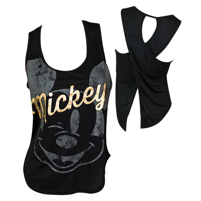 Mickey Mouse Ladies Black Gold Foil Open Wrap Back Tank Top Mickey Mouse Ladies Black Gold Foil Open Wrap Back Tank Top