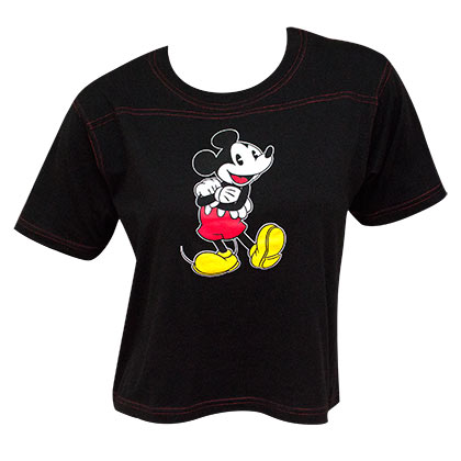 Mickey Mouse Contrast Stitch Cropped Black Women's Tee Shirt