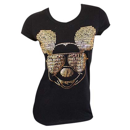 Mickey Mouse Gold Foil Ladies Black Tee Shirt