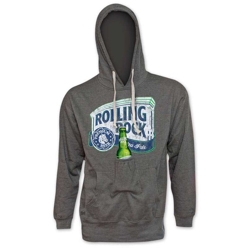 Rolling Rock Bottle Opener Men's Grey Beer Pouch Hoodie Rolling Rock Bottle Opener Men's Grey Beer Pouch Hoodie