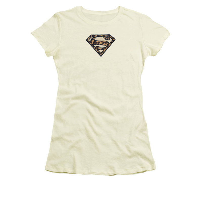 Superman Embroidered Leopard Logo Off White Juniors T-Shirt Superman Embroidered Leopard Logo Off White Juniors T-Shirt