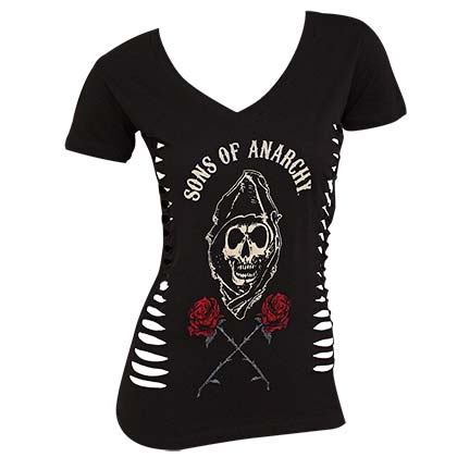 Sons Of Anarchy Side Tears Reaper Roses Women's Black Tee Shirt