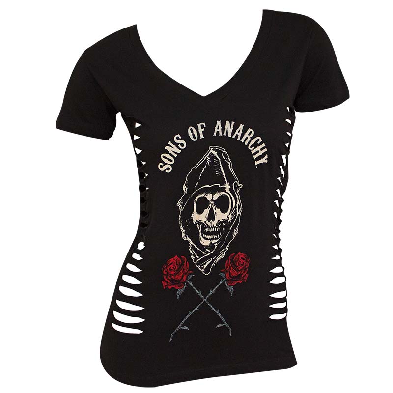 Sons Of Anarchy Torn Reaper Roses Womens Black Tee Shirt 8001