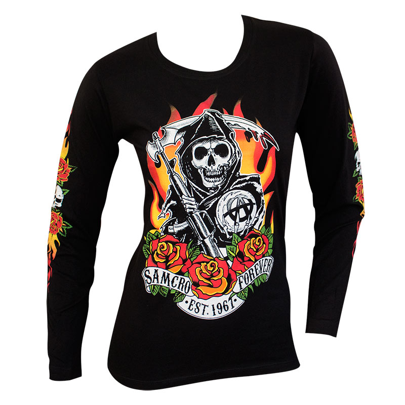 Sons Of Anarchy Women's Black Reaper Flames Long Sleeve Shirt Sons Of Anarchy Women's Black Reaper Flames Long Sleeve Shirt