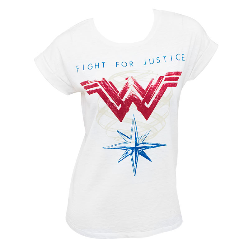 Wonder Woman Ladies White Rolled Sleeve Fight For Justice T-Shirt Wonder Woman Ladies White Rolled Sleeve Fight For Justice T-Shirt