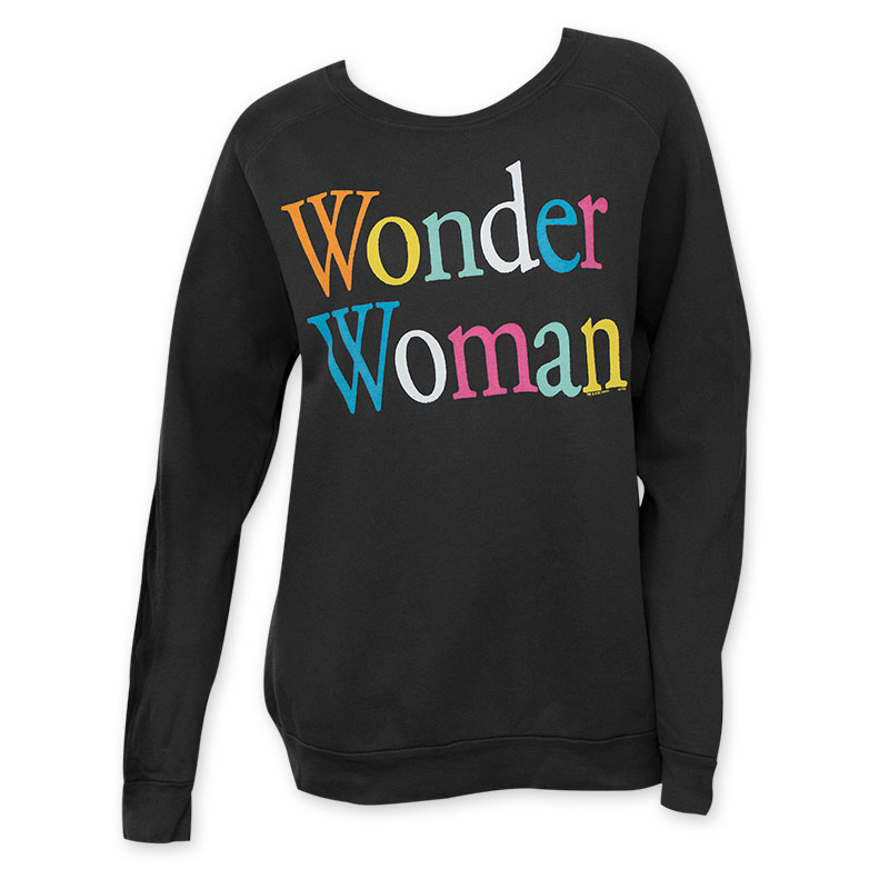 Junk Food Women's Black Wonder Woman Rainbow Letter Crew Neck Junk Food Women's Black Wonder Woman Rainbow Letter Crew Neck