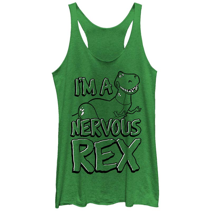 Disney Pixar Toy Story 1-3 Nervous Rex Green Juniors Racerback Tank Top Disney Pixar Toy Story 1-3 Nervous Rex Green Juniors Racerback Tank Top